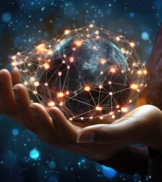 Close up of human hand holding Earth planet with global network connection concept, Close up of woman hand holding global network connection concept. Mixed media, AI Generated